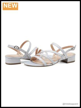 Womens Silver Iridescent Heeled Sandals Block Heel Slingback Buckle